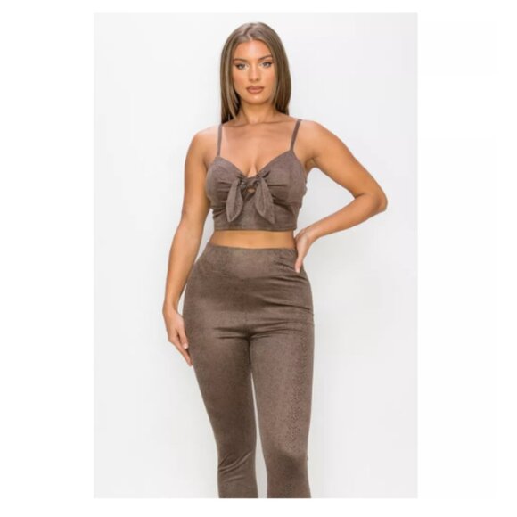 2 Piece Set Embossed Snake Print Crop Top & Leggings, Tie Front & High Waist - Picture 3 of 5